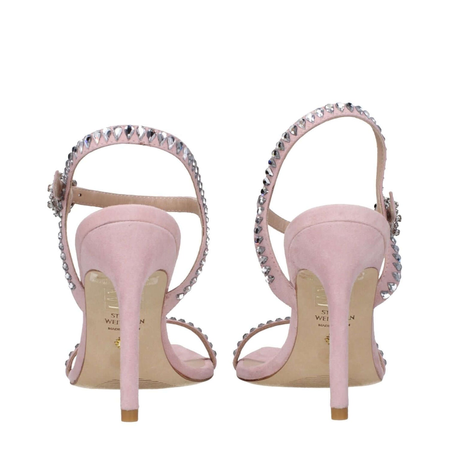 Stuart Weitzman Pink Leather Stiletto Heel Sandals with rhinestones and buckle closure, rear view of high heel open toe design.