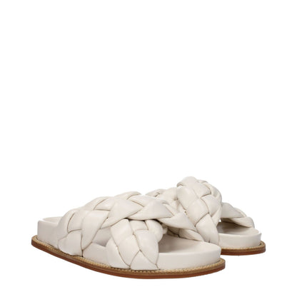 Fabiana Filippi Beige Leather Slippers featuring open toe design and rubber sole. Casual style with low flat heel, secondary color ivory.