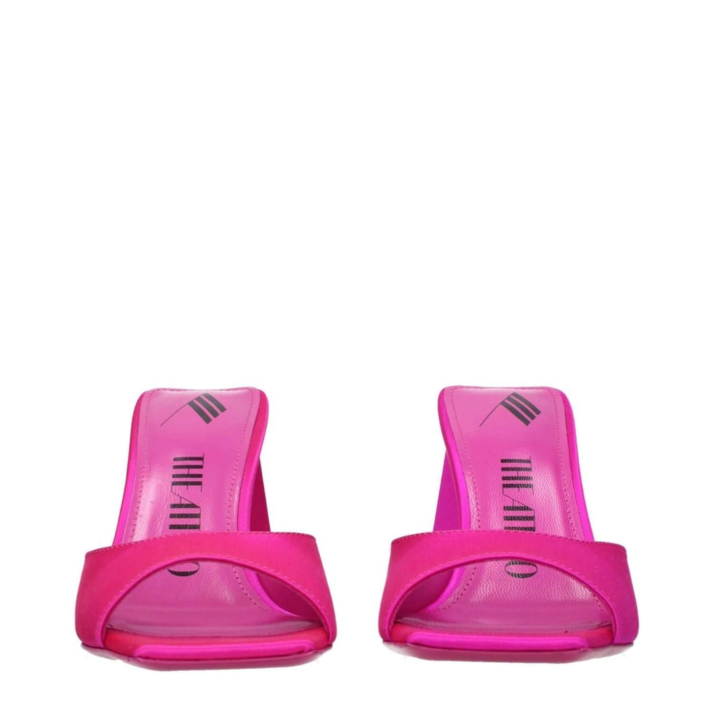 The Attico Pink Satin Stiletto Heel Sandals with open toe design and leather sole, featuring mid heels and luxurious satin material.