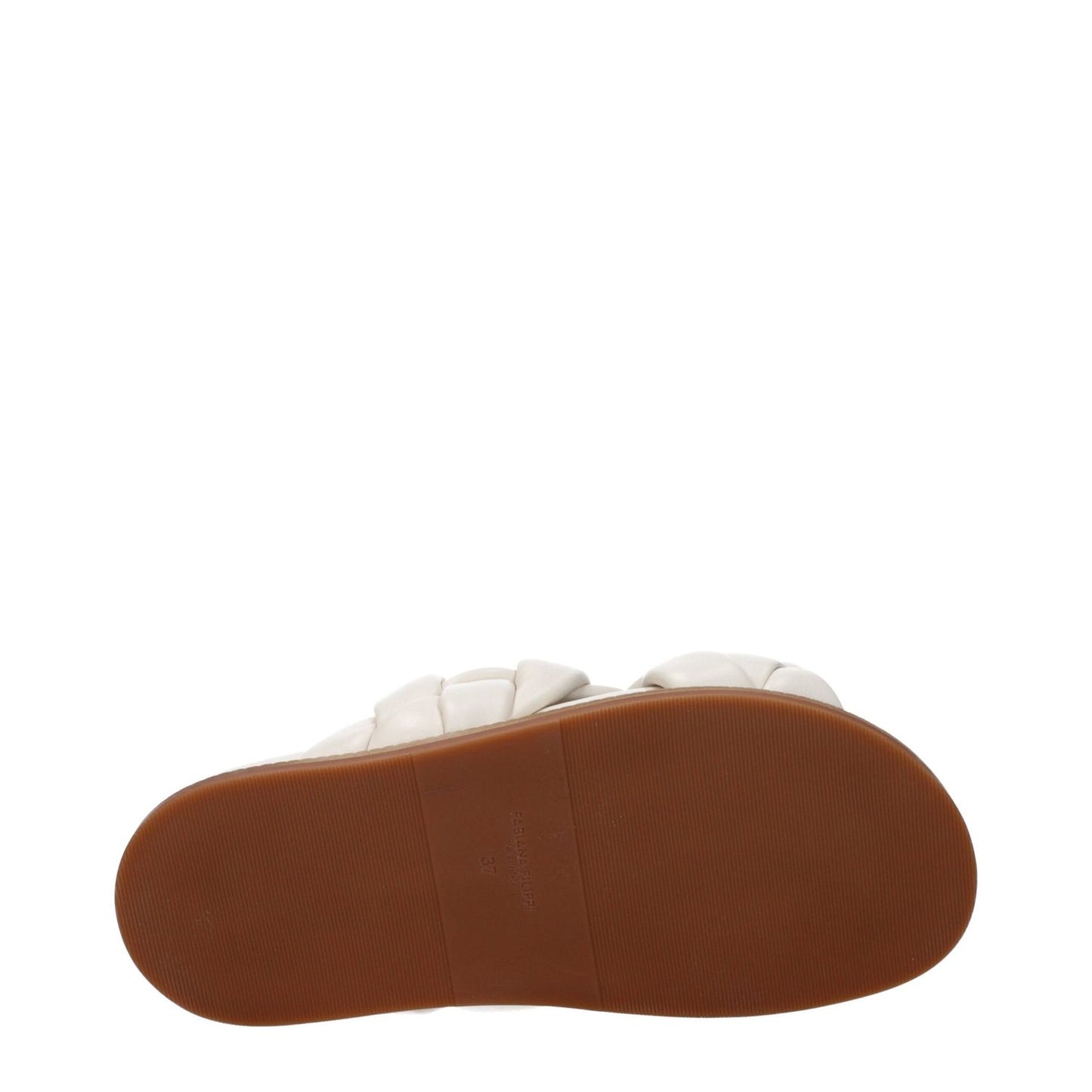 Sole view of Fabiana Filippi Beige Leather Slippers with open toe design and rubber sole, featuring low flat heel in beige and ivory colors.