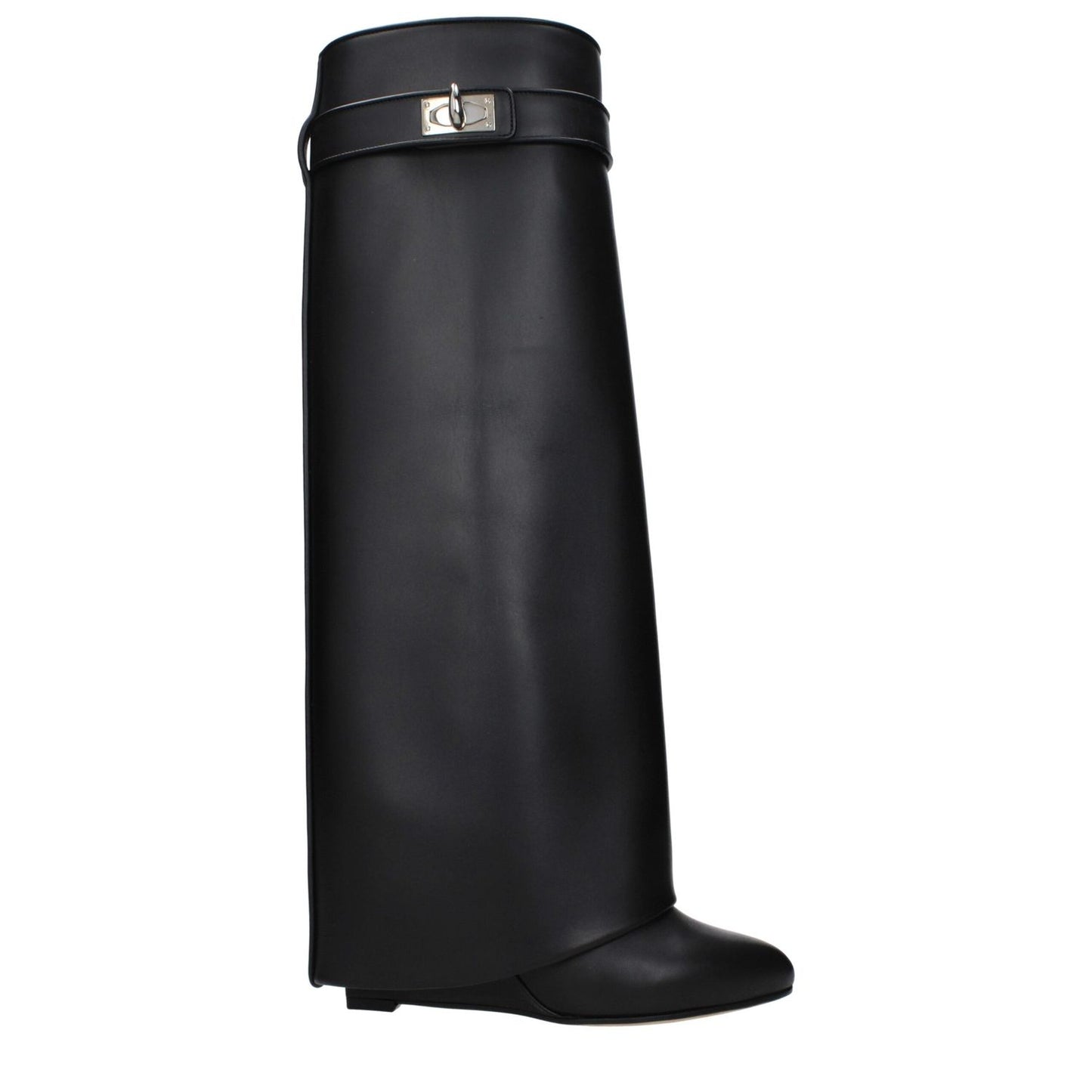 Givenchy Black Leather Boots with turn lock closure, side logo, pointy toe, wedge heel, and leather sole. SKU: BE08905004001.