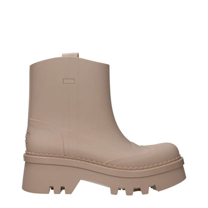 Chloé Pink Cotton Ankle Boots with 5.5 cm mid heels and rubber sole, featuring a beige secondary color and round toe.