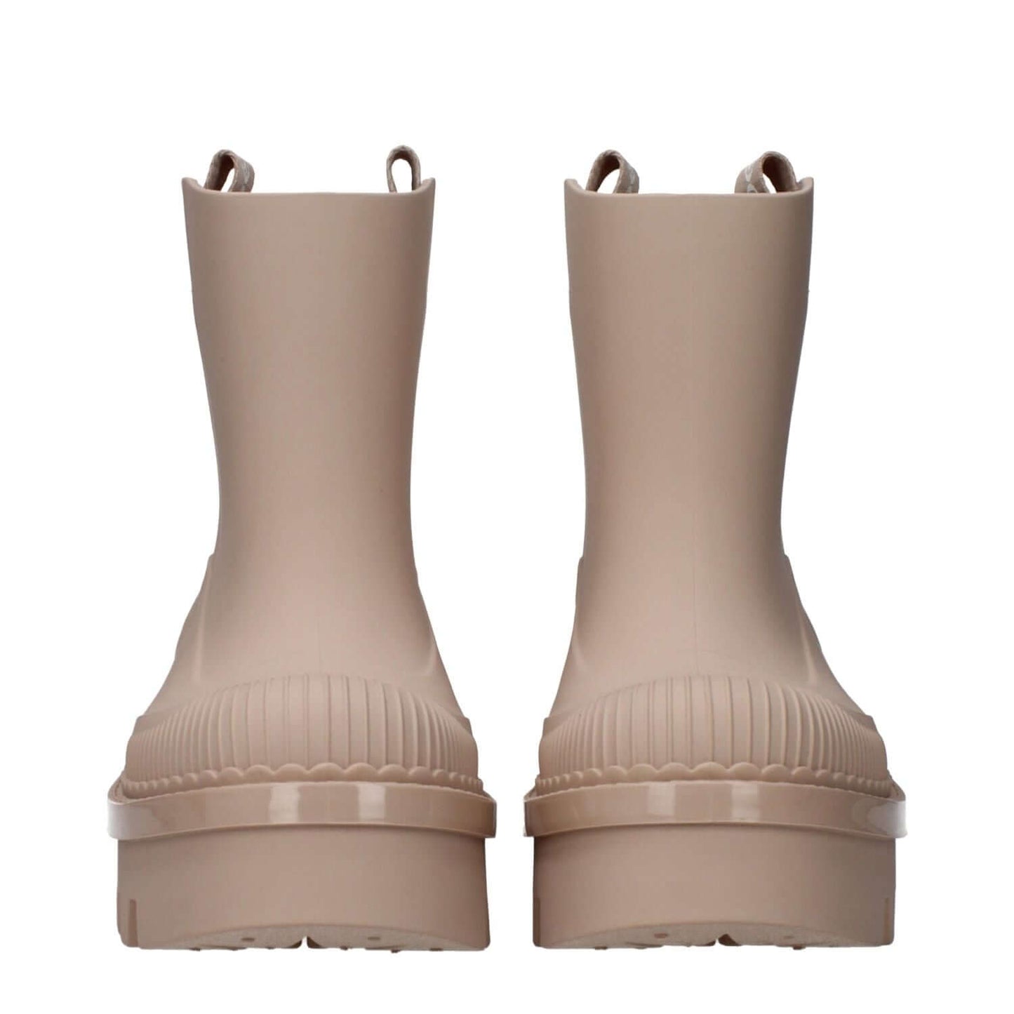 Chloé Pink Cotton Ankle Boots featuring round toe, mid heels, beige color accents, and rubber sole, back view showcasing logo detail.