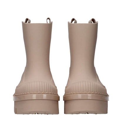 Chloé Pink Cotton Ankle Boots featuring round toe, mid heels, beige color accents, and rubber sole, back view showcasing logo detail.