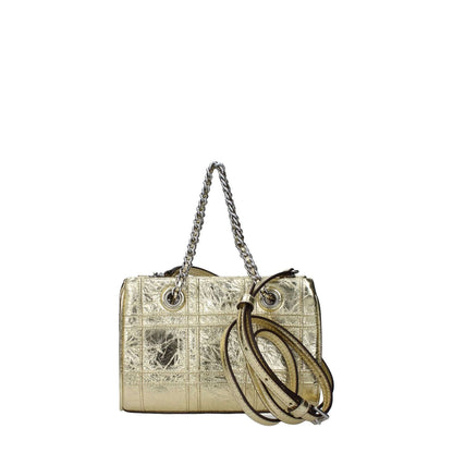 Tory Burch Gold Leather Handbag with front logo, metallic effect, adjustable and removable shoulder straps, mini size, magnetic closure.