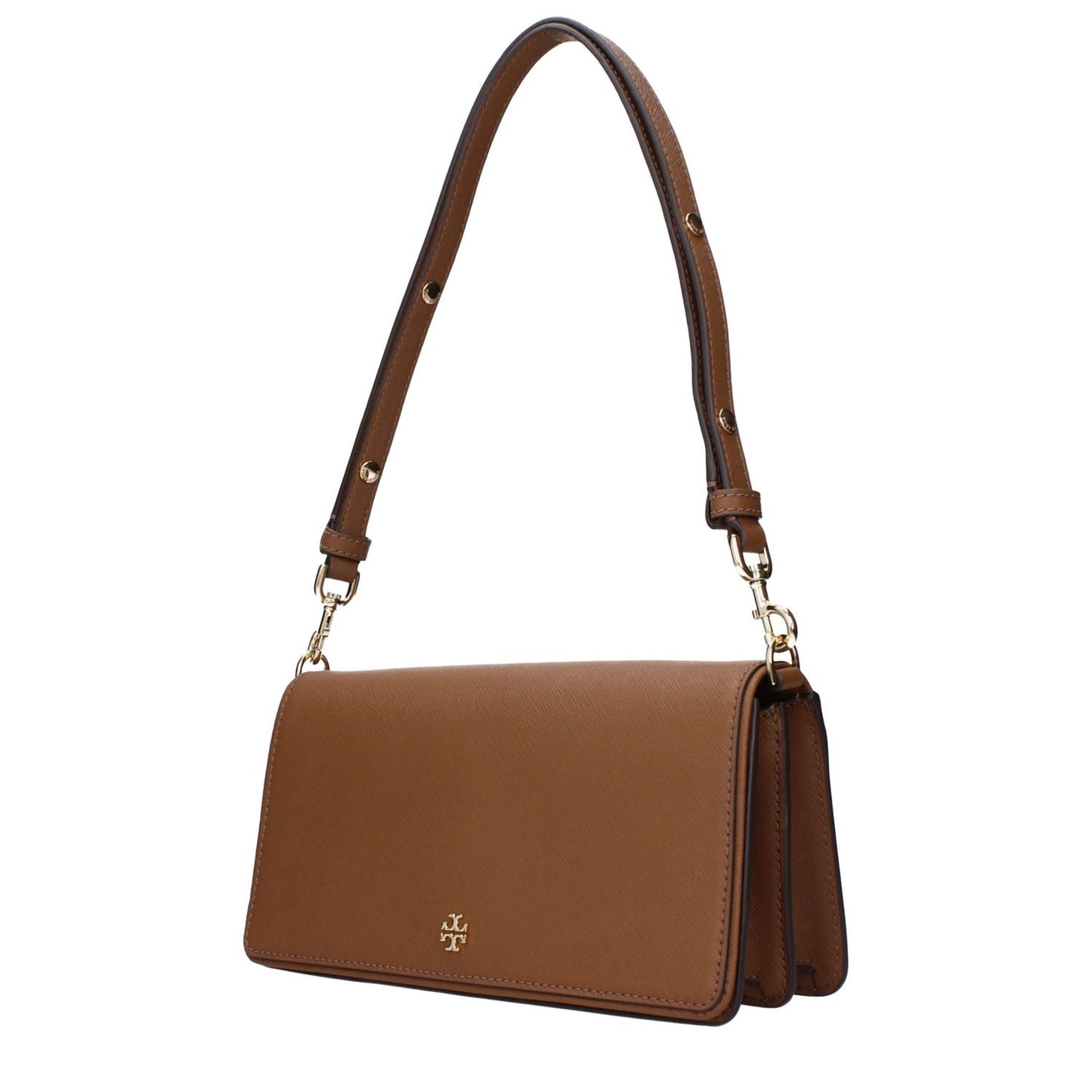Tory Burch Brown Leather Shoulder Bag with adjustable and removable handle, front logo, and divider inner pocket.
