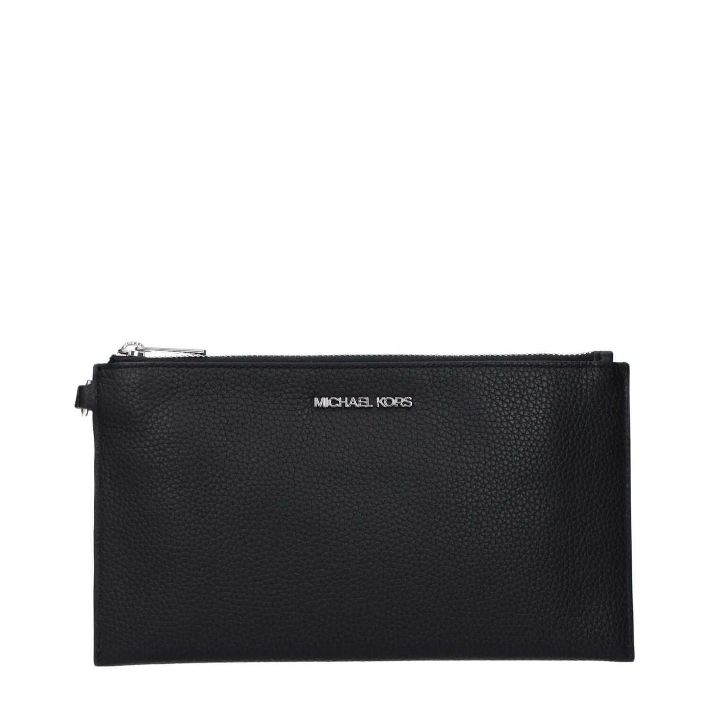 Michael Kors Black Leather Clutch Bag with logo and zip closure.