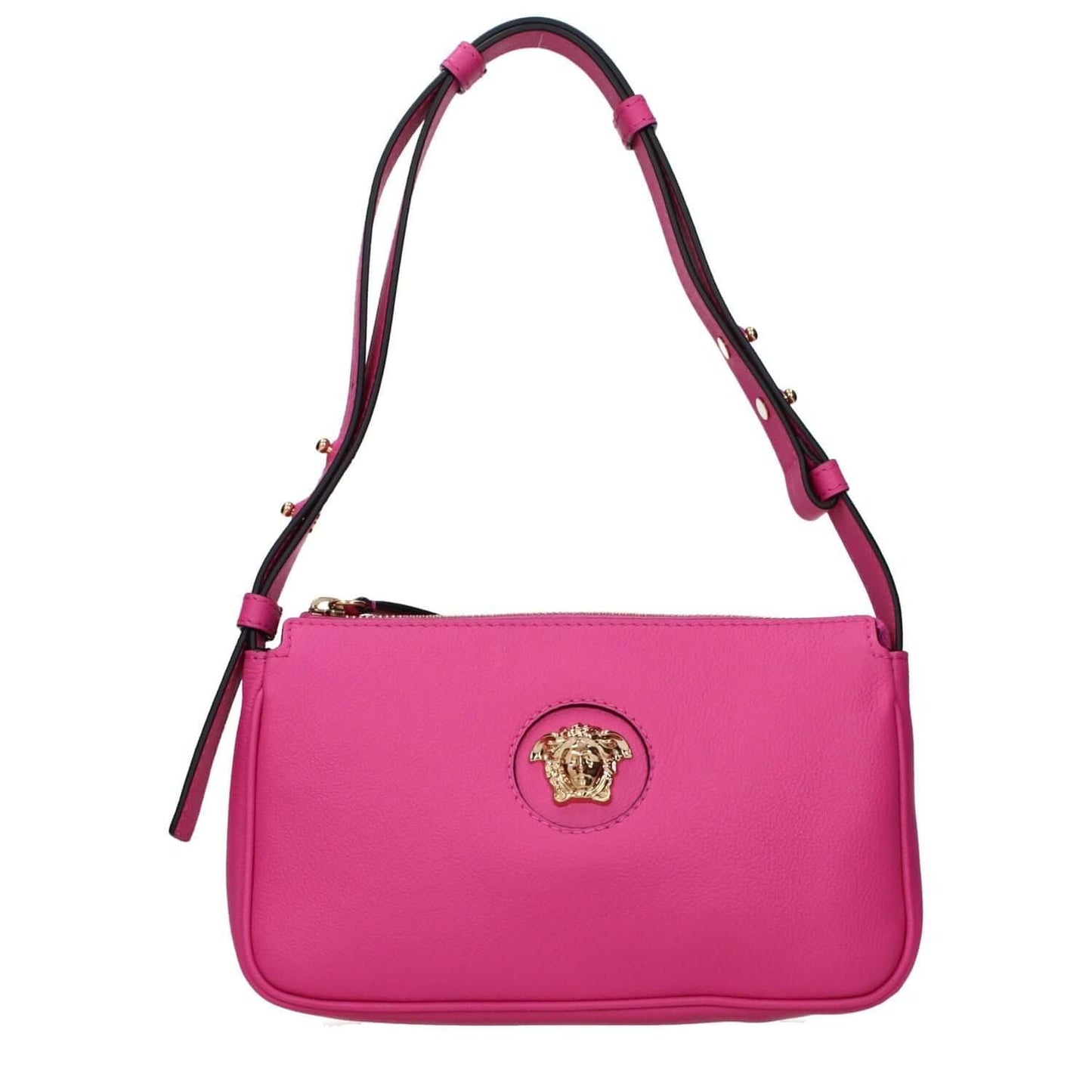 Versace Pink Leather Shoulder Bag with adjustable handle and front detail in fuchsia. MPN 1014245DVIT2T1P86V, code F80309.