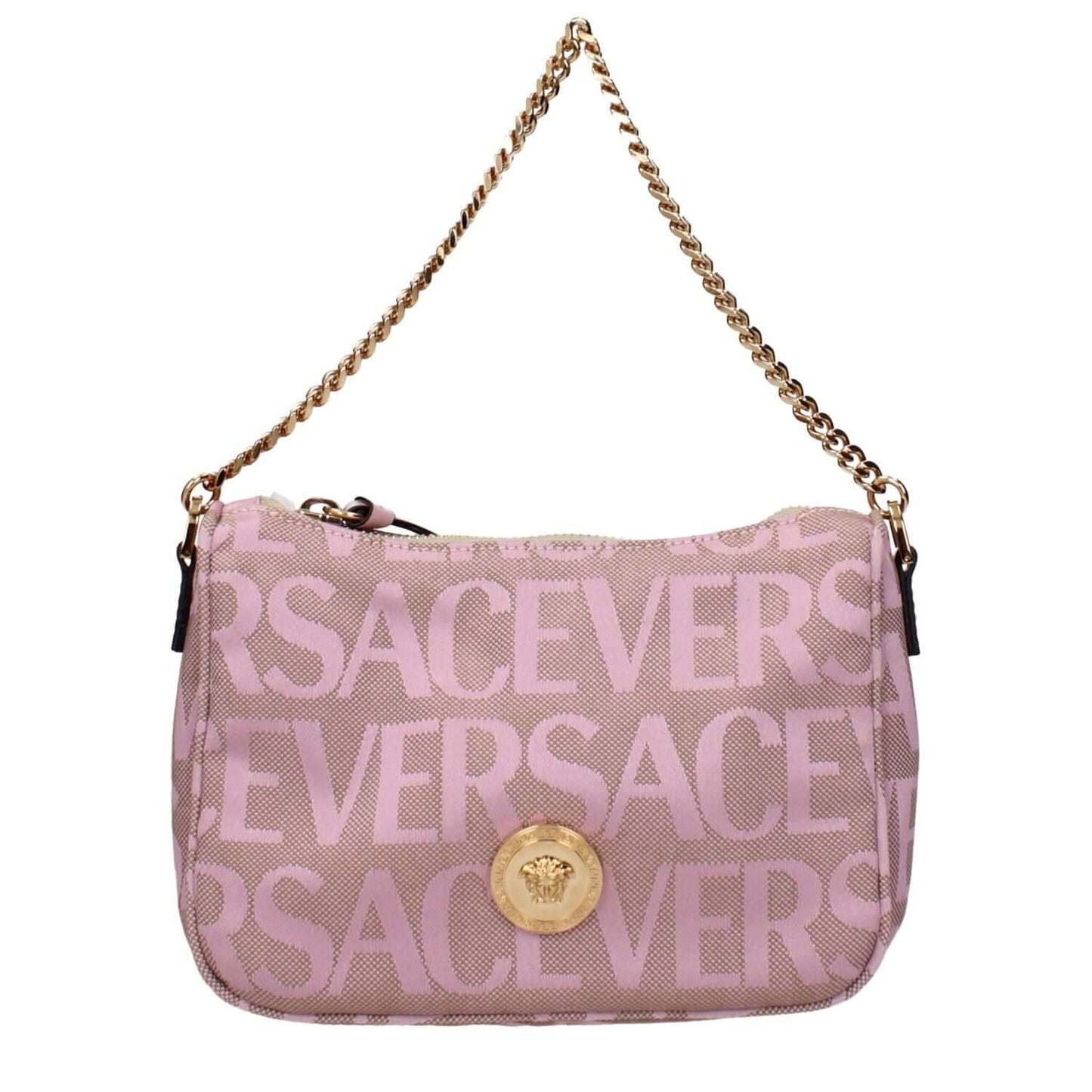 Alt Tag: Versace Pink Fabric Handbag with logo design and removable shoulder strap.