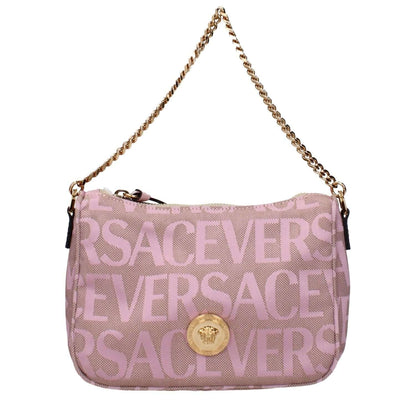 Alt Tag: Versace Pink Fabric Handbag with logo design and removable shoulder strap.