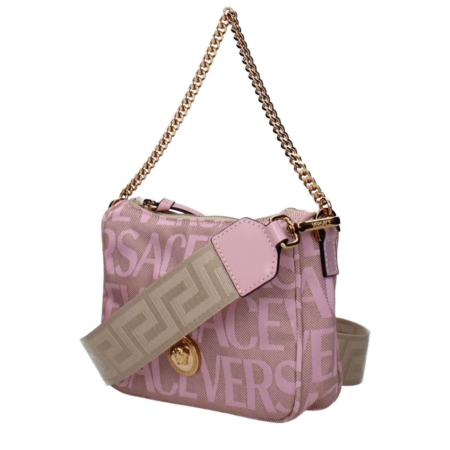 Versace Pink Fabric Handbag with logo and removable shoulder strap.