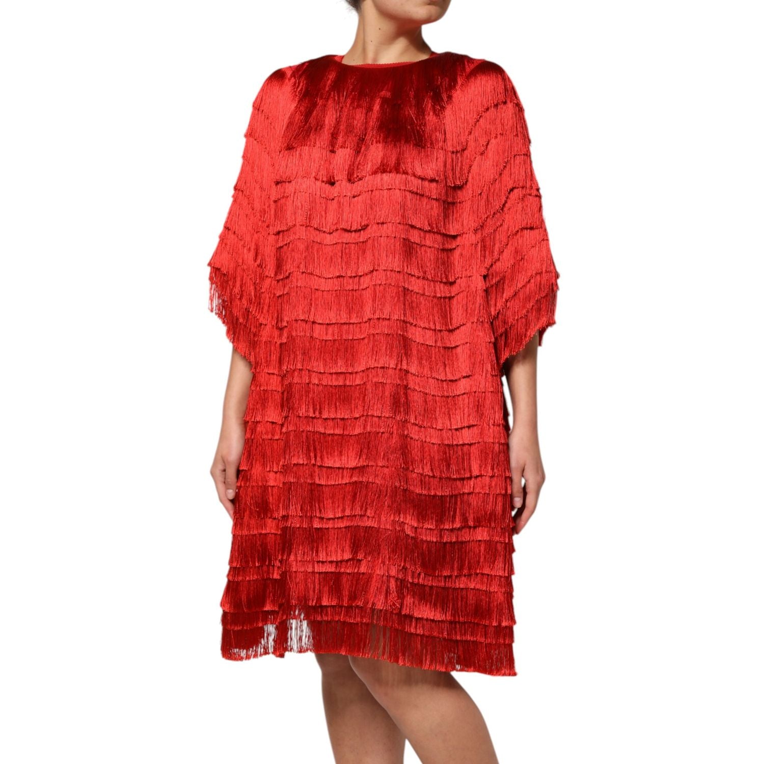 Dolce & Gabbana Red Silk Tiers Fringe Shift Knee Length Dress