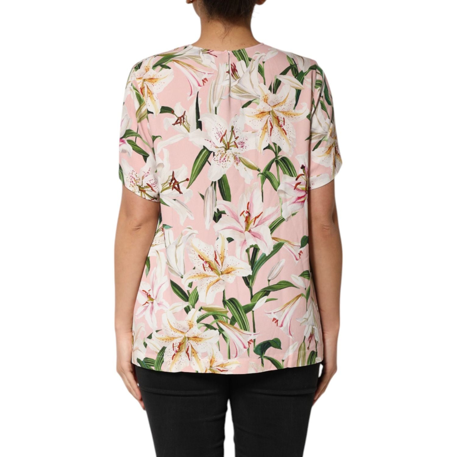 Dolce & Gabbana Pink Lily Printed Round Neck Blouse Top