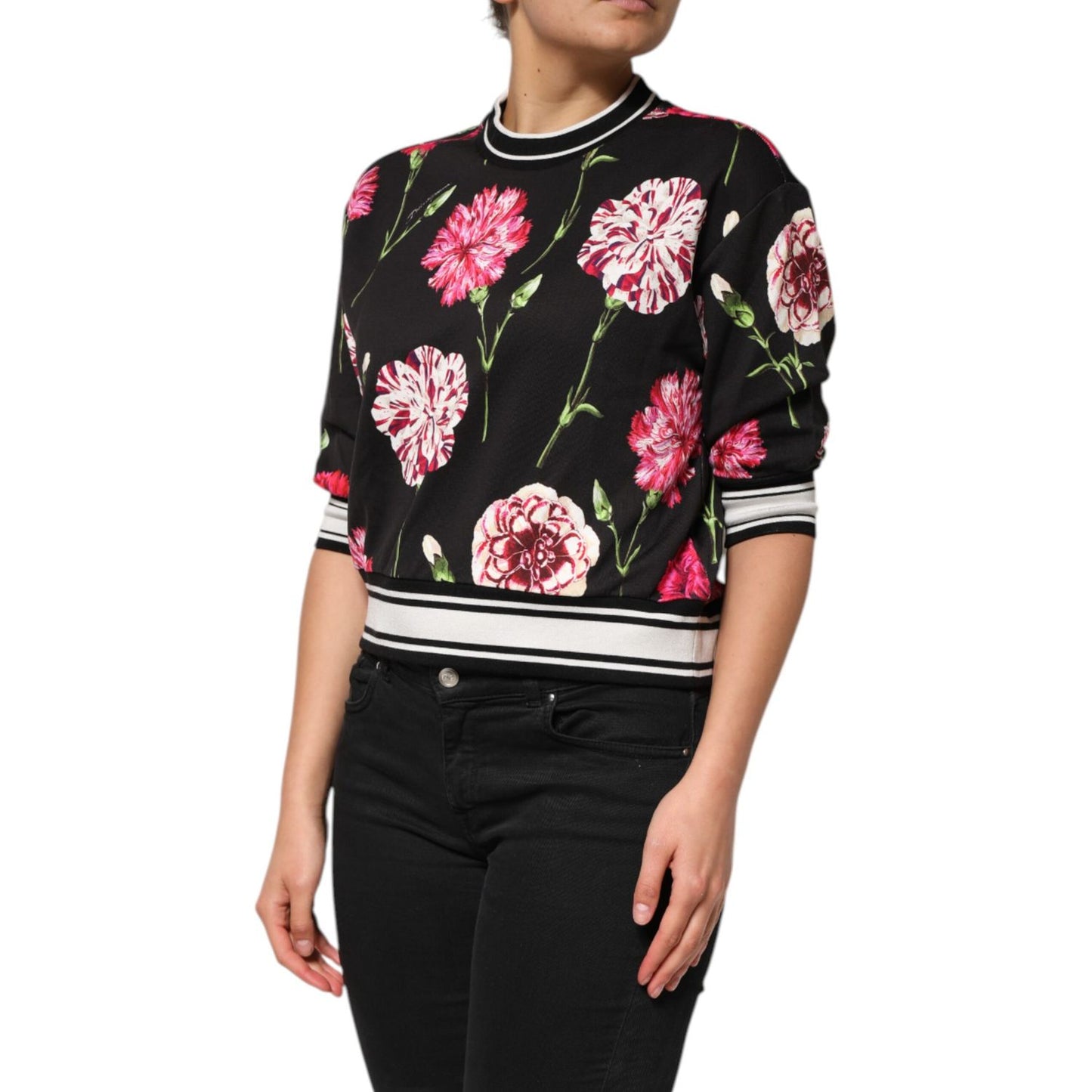 Dolce & Gabbana Black Floral Print Cotton Short Sleeves Top