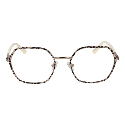 Guess Gold Women Glasses Frame, square full-rim metal design with demo lenses, includes branded case, ideal for stylish eyewear choice.