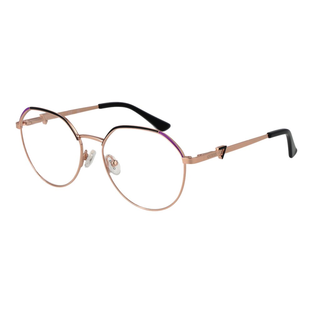 Guess Rose Gold Women Glasses Frame, metal full-rim square style with demo lenses, size 53-16-140, spring hinge, includes branded case.