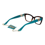 Guess Brown Women Glasses Frame with blue temples and pendant style, full-rim acetate design with demo lenses.