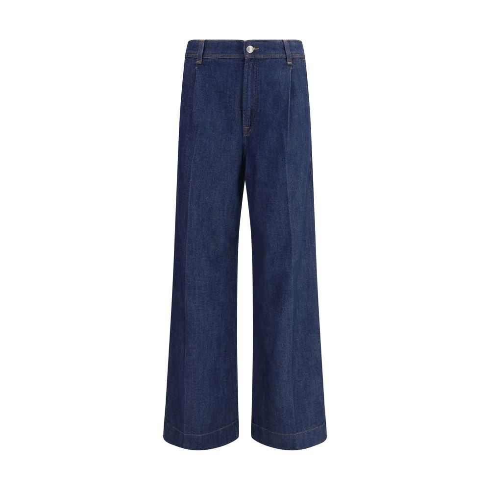 7FOR Blue Modal Jeans Denim with high waist, wide legs, and pleated details for a sophisticated look.