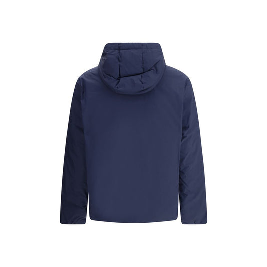 Back view of Moncler x Donald Glover The Moncler x Gilga Farm by Donald Glover Caracara short Down Jacket in navy with hood.
