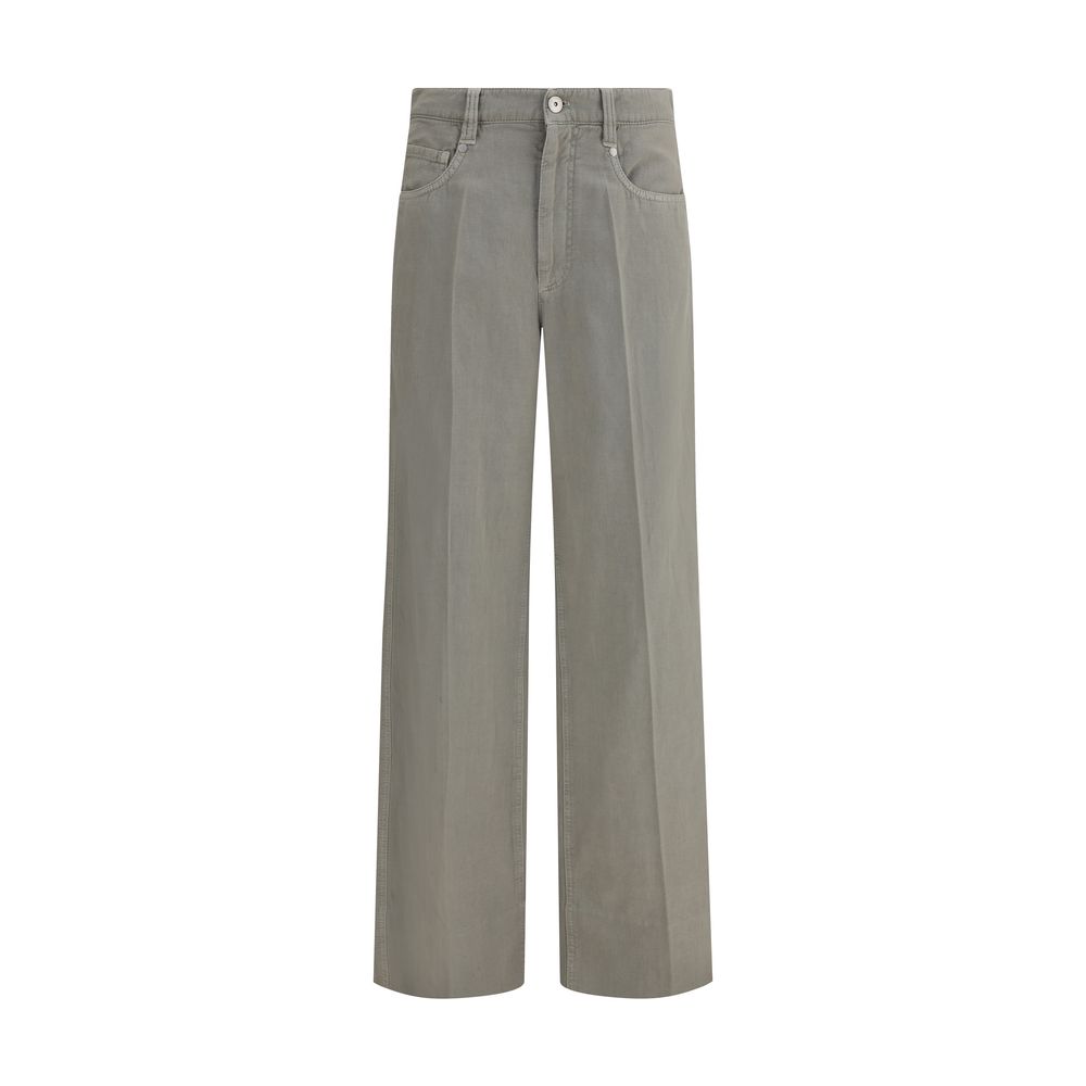 Brunello Cucinelli Bicolor Cotton Relaxed Fit Jeans with wide-leg design and jewel-embellished belt loops.