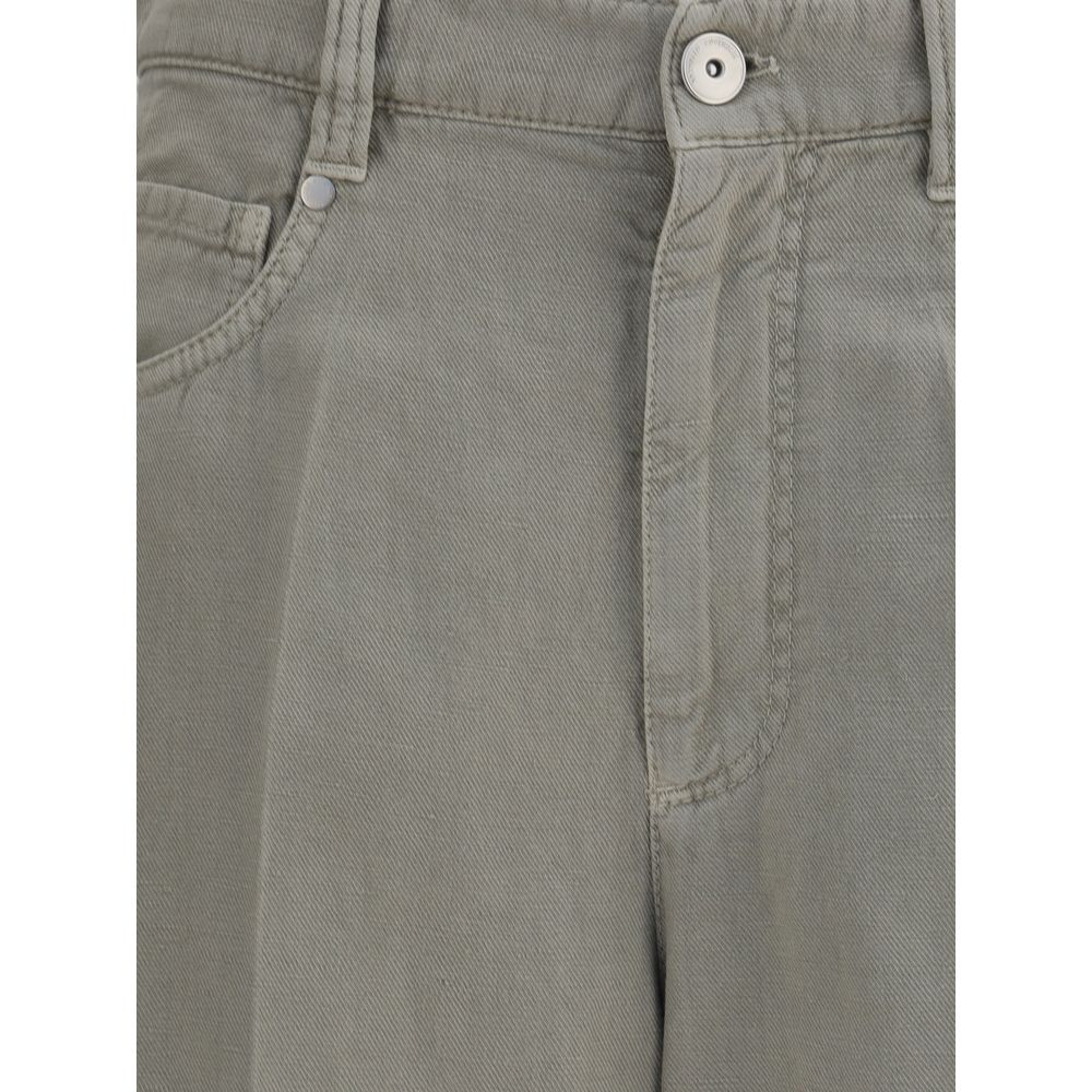 Close-up of Brunello Cucinelli Bicolor Cotton Relaxed Fit Jeans with front zipper and button closure.