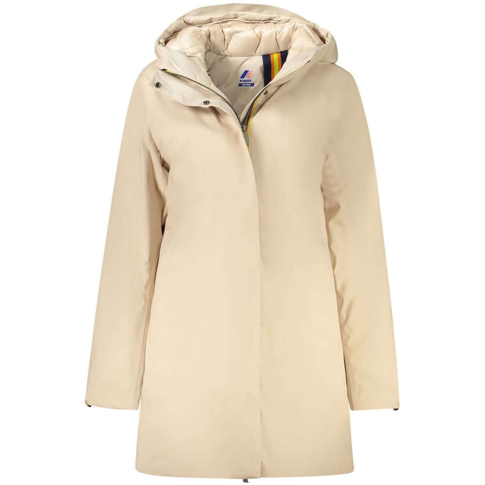 K-WAY Beige Polyester Jackets & Coat, long sleeve trench coat with hood, padded, 2 external and 3 internal pockets, zip and buttons.