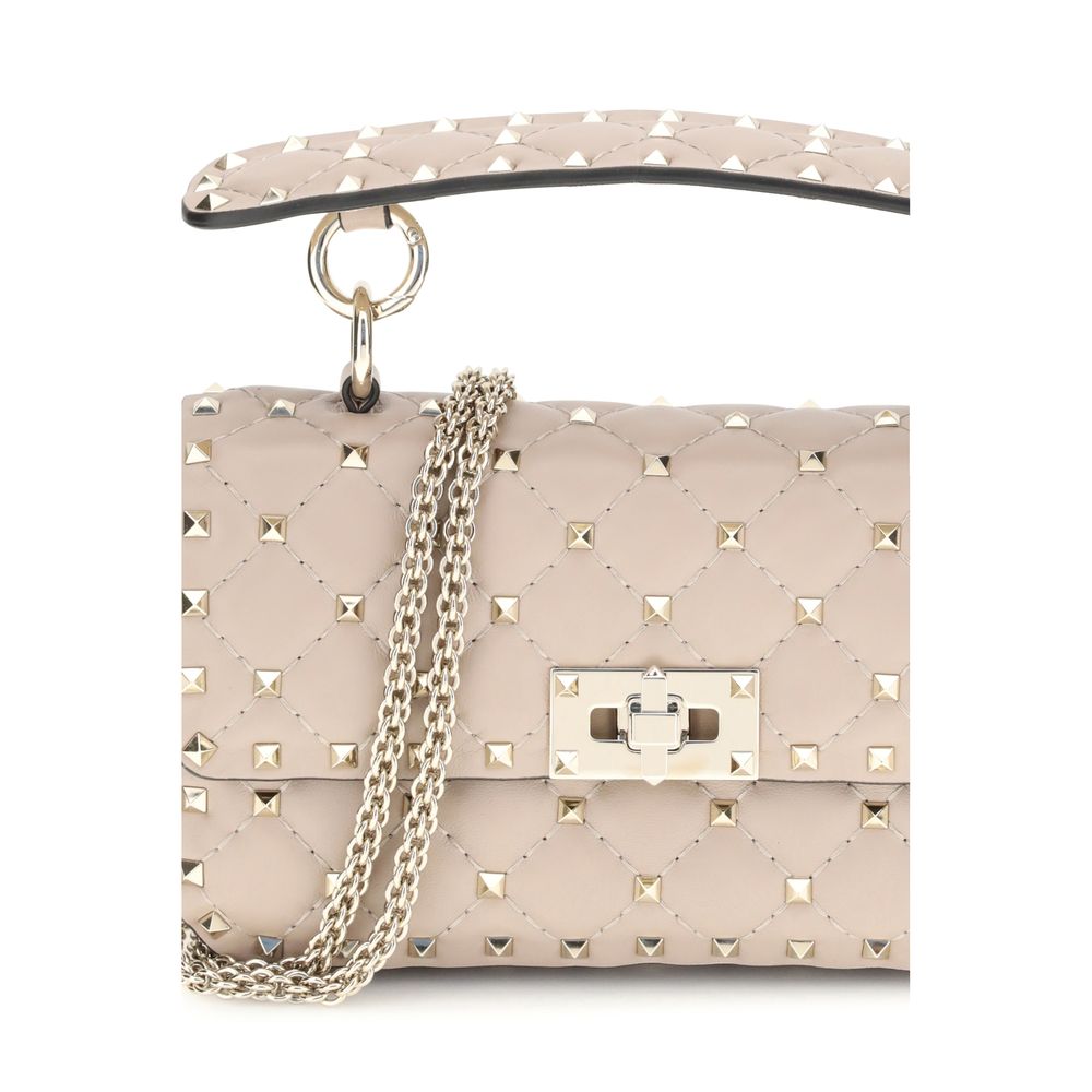 Valentino Garavani Multicolor Calf Leather Bos Taurus Handbag with Rockstud Spike design and studded shoulder strap.