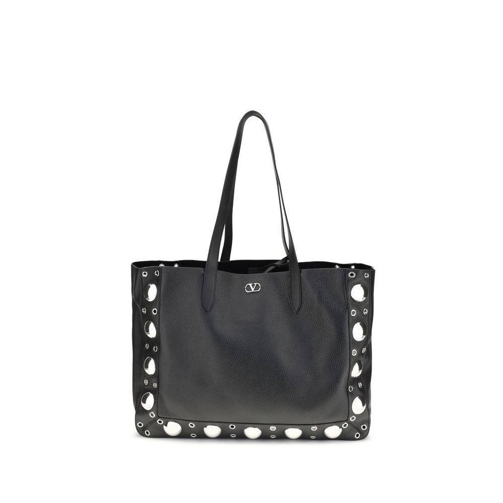 Valentino Garavani Black Calf Leather Bos Taurus Shoulder Bag with studded details and VLogo emblem, showcasing luxury and elegance.