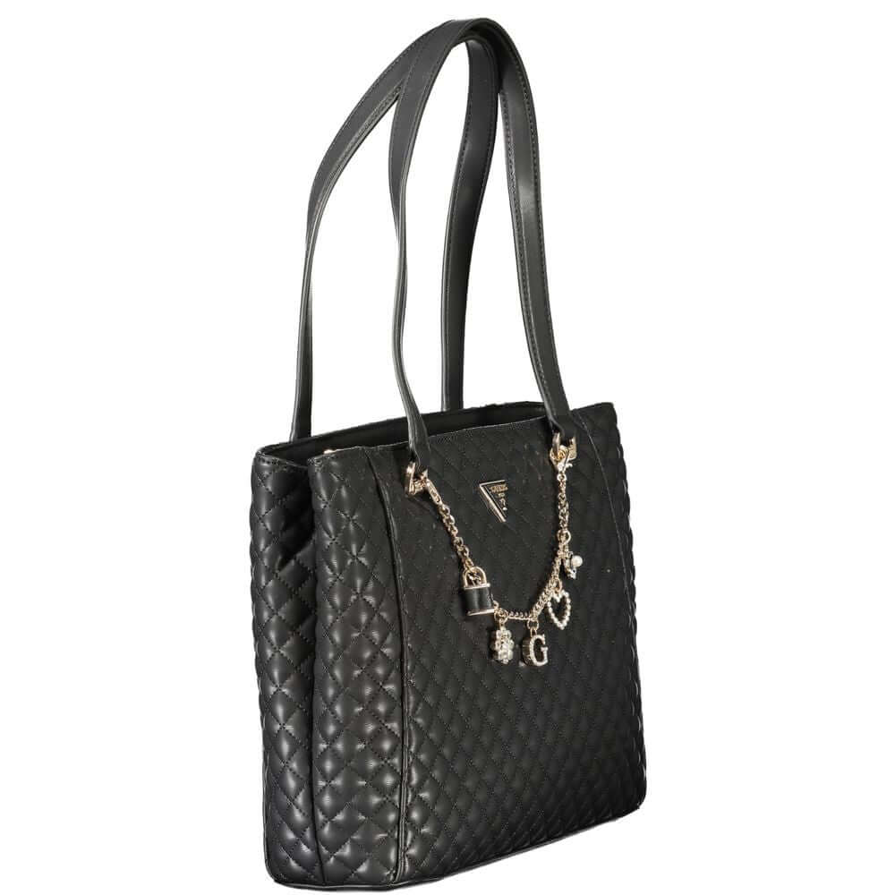 Guess Jeans Black Polyethylene Women Handbag with quilted design and decorative charms, showcasing elegance and practicality.