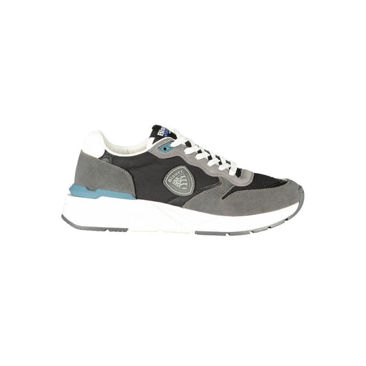 Blauer Black Leather Men Sneaker with sporty design, striking laces, and bold logo for style and comfort.
