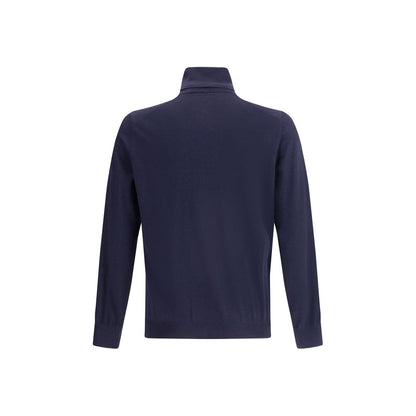 Brunello Cucinelli Blue Fleece Wool Turtleneck showcasing back view with ribbed collar and cuffs.