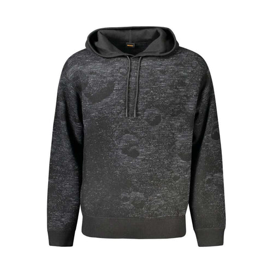 Hugo Boss Black Wool Sweater with hood and contrasting details showcasing the logo. Long-sleeved elegant design for stylish comfort.