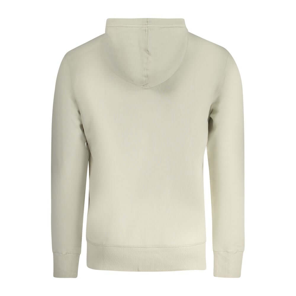 Back view of Calvin Klein Beige Cotton Men Sweater, featuring a stylish hood and cozy brushed interior for comfort and elegance.