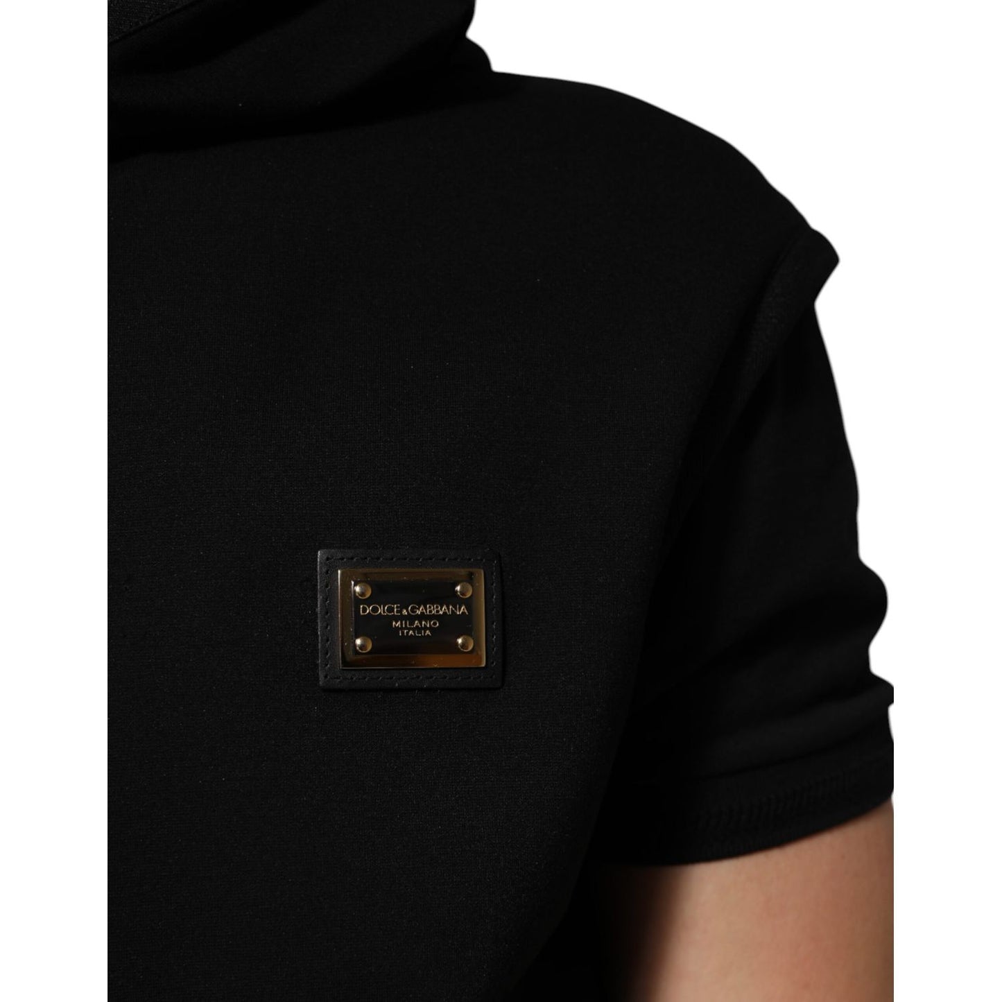 Dolce & Gabbana Black Sleeveless Hooded Logo Plaque Jacket