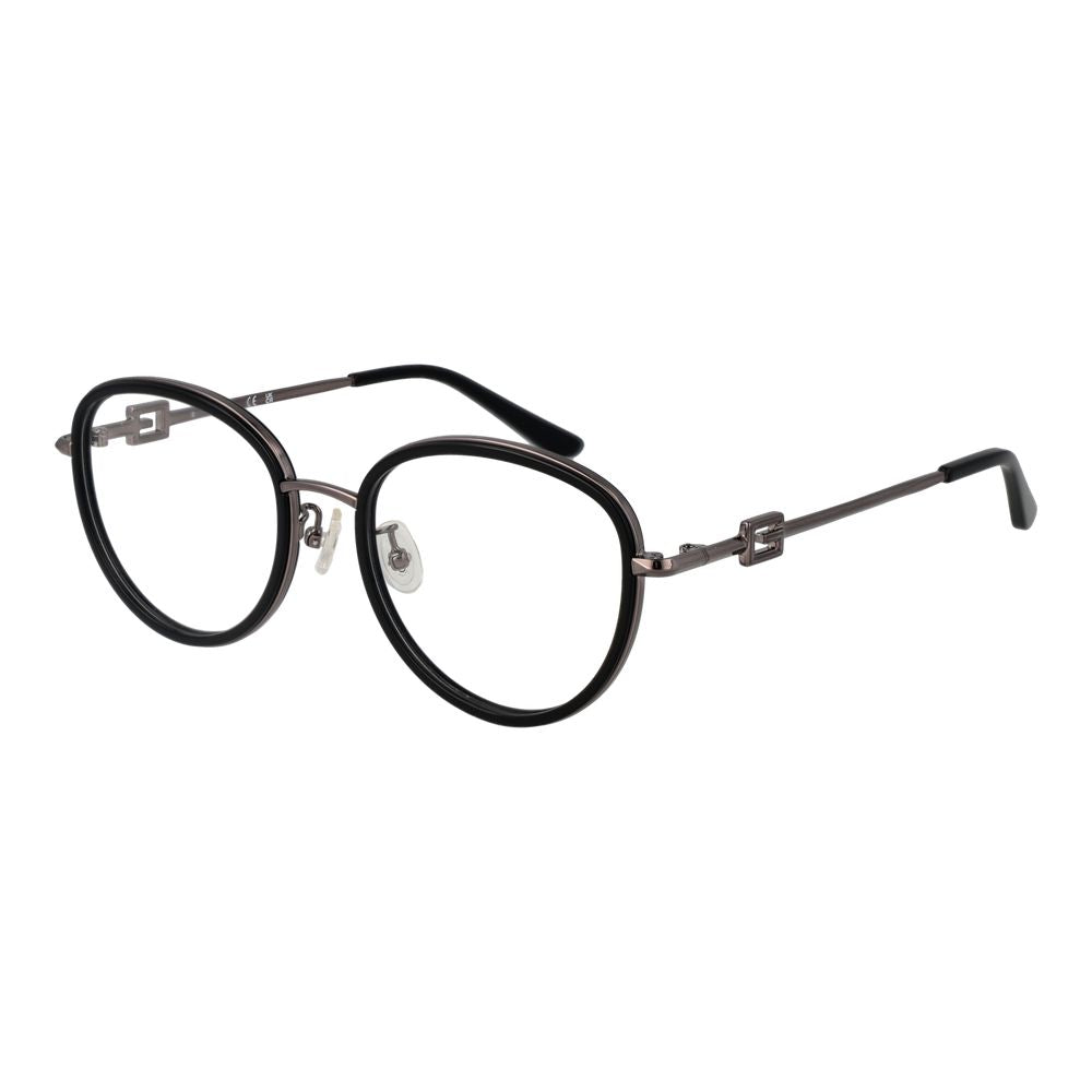Guess Black Women Glasses Frame, full-rim black metal, round style, 53-18-145 size, demo lenses, includes branded case.