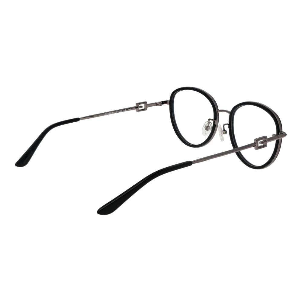 Guess Black Women Glasses Frame, black metal full-rim round style with demo lenses, size 53-18-145, includes branded case.