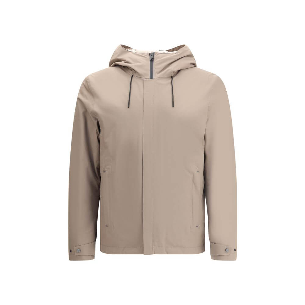 Woolrich Beige Polyester Shell Jacket with adjustable hood, double-slider zipper, and side welt pockets for versatile weather adaptability.