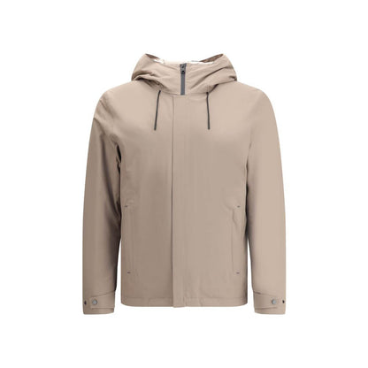 Woolrich Beige Polyester Shell Jacket with adjustable hood, double-slider zipper, and side welt pockets for versatile weather adaptability.