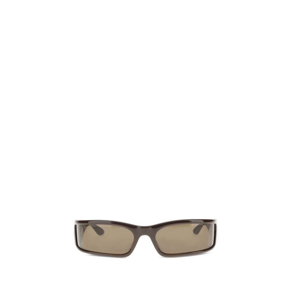 Balenciaga Brown Acetate Sunglasses with logo detailing on temples, featuring a modern rectangular shape and sustainable bio nylon lenses