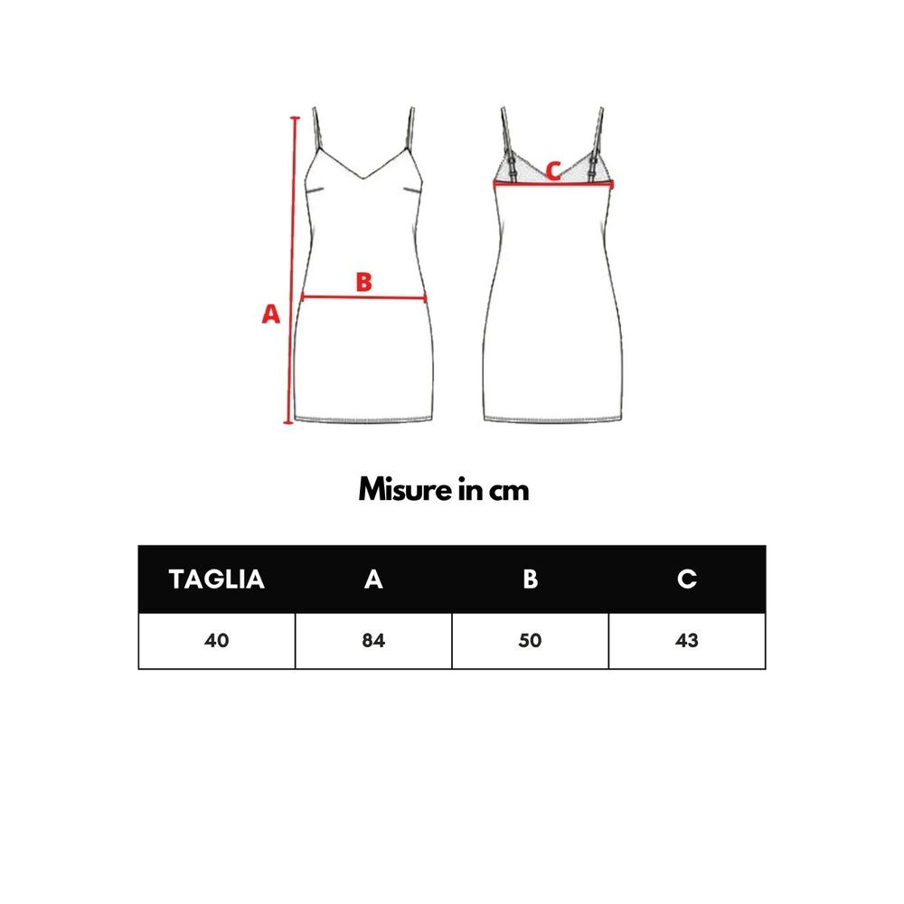 Size chart with dress measurements in cm for Taglia 40; A=84, B=50, C=43, showcasing a sleeveless dress design.