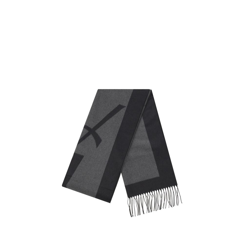 Saint Laurent Gray Silk Scarf with YSL logo, featuring frayed hems and elongated design, 100% silk, AW25 collection.