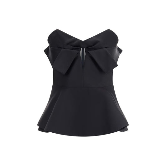 Alt Tag: Alexander McQueen Black Polyester Top with bow, peplum design, sleeveless corset for AW25 season, back zipper closure.
