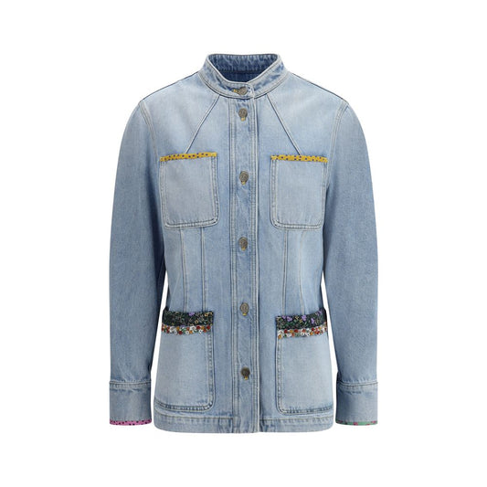 Valentino Light Blue Cotton Denim Jacket with embroidery, floral beading, and four patch pockets, showcasing elegant tailoring.