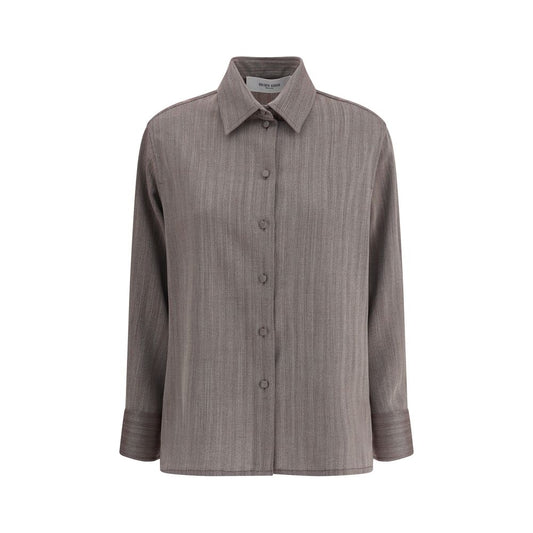 Golden Goose Brown Fleece Wool Dress Shirt with classic collar, front button closure, and adjustable cuffs.