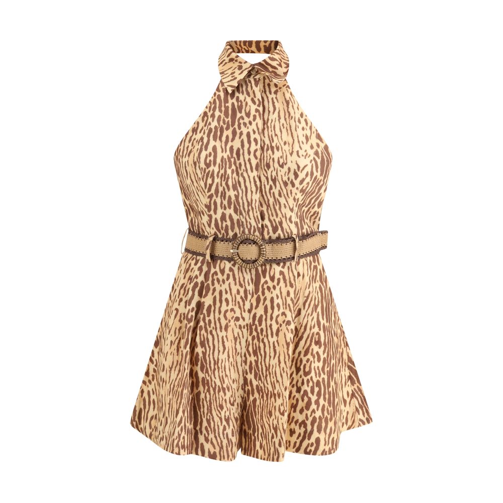 Zimmermann Multicolor Linen Casual Dress with leopard pattern, raffia belt, back zipper, and side pockets for elegant and practical wear.