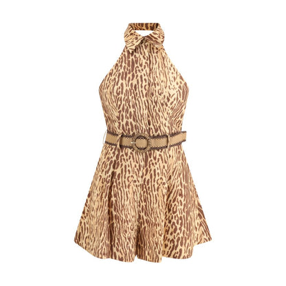 Zimmermann Multicolor Linen Casual Dress with leopard pattern, raffia belt, back zipper, and side pockets for elegant and practical wear.