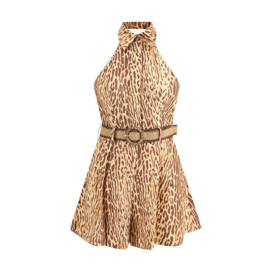 Zimmermann Multicolor Linen Casual Dress with leopard print, raffia belt, and elegant design featuring practical pockets.