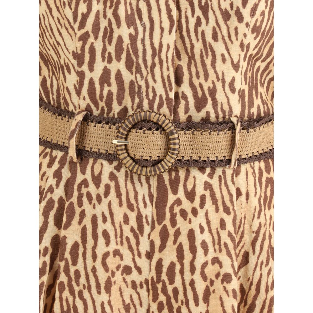 Zimmermann Multicolor Linen Casual Dress featuring leopard pattern detail and detachable raffia belt.