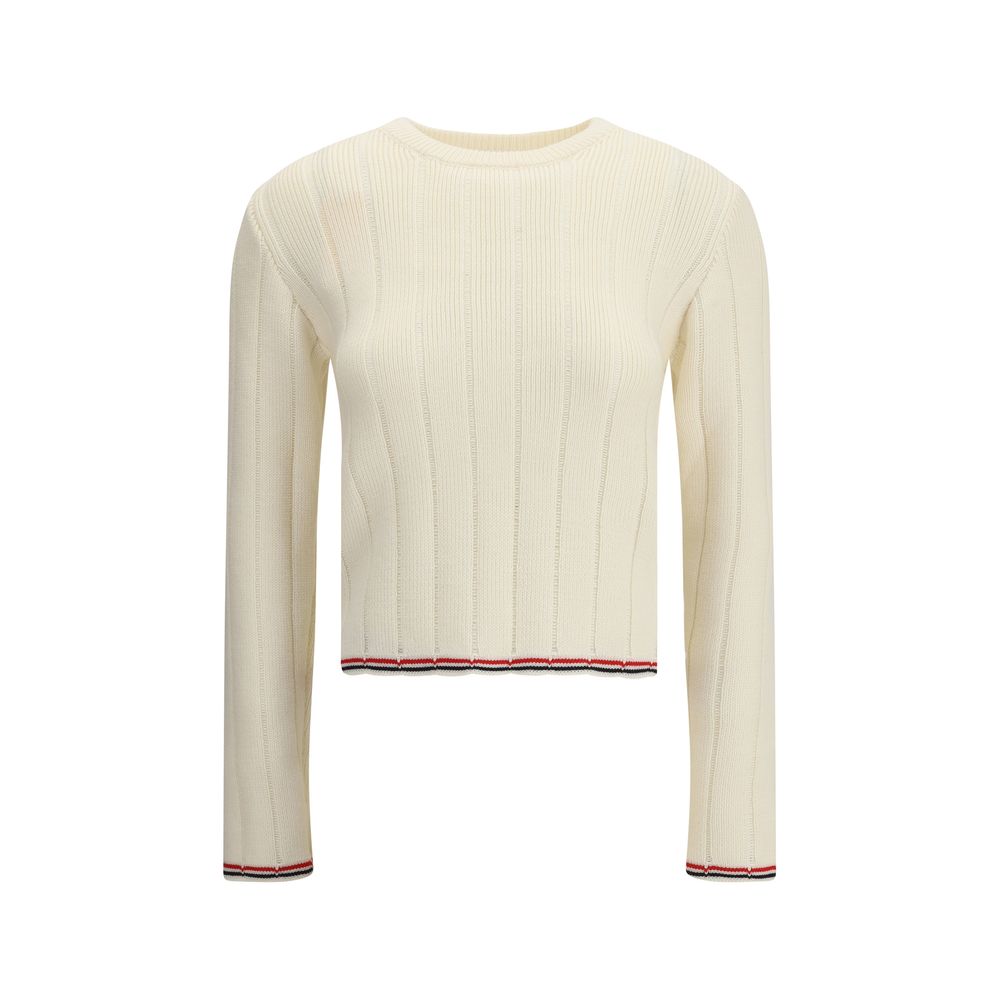 Thom Browne Cream Fleece Wool Sweatshirt with ribbed crew neck and tricolor edges, perfect for contemporary style.