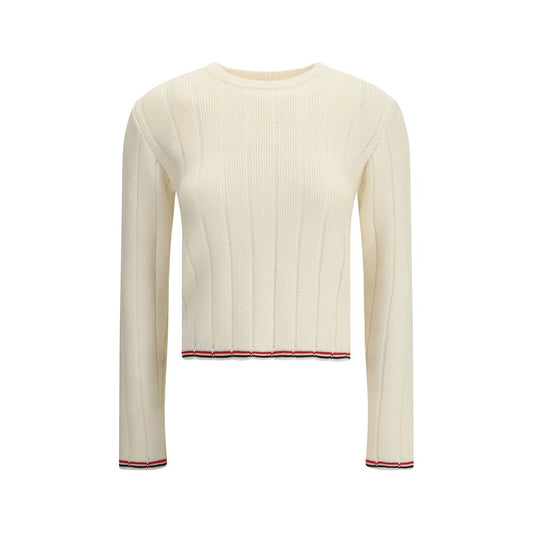 Thom Browne Cream Fleece Wool Sweatshirt with ribbed design and tricolor edges, 100% fleece wool, made in Ireland, AW25 season.